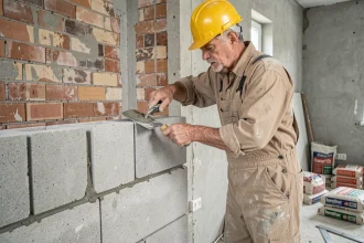 Maçon alignant des parpaings de formats différents sur un mur en rénovation intérieure