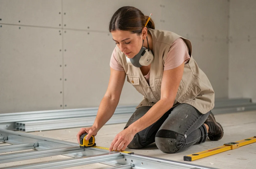 Professionnelle du bâtiment mesurant l'espacement des rails métalliques avant la pose de plaques de plâtre isolantes