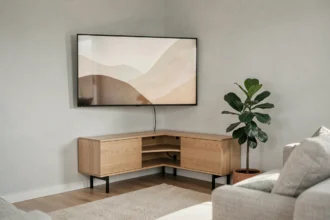 Meuble TV d'angle design en bois clair dans un salon scandinave moderne avec grande télévision intégrée discrètement