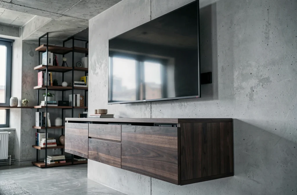 Meuble TV d'angle suspendu en noyer foncé dans un appartement urbain contemporain avec télévision grand écran