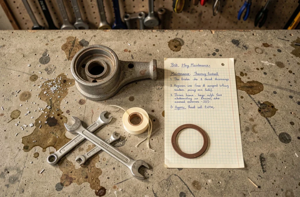 Vue à plat des outils et d'un pied de radiateur en fonte démonté sur un établi d'atelier pour diagnostic