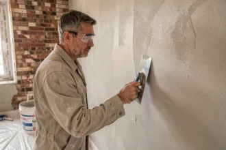 Ouvrier appliquant un enduit de façade sur un mur en rénovation intérieure avec une taloche en acier