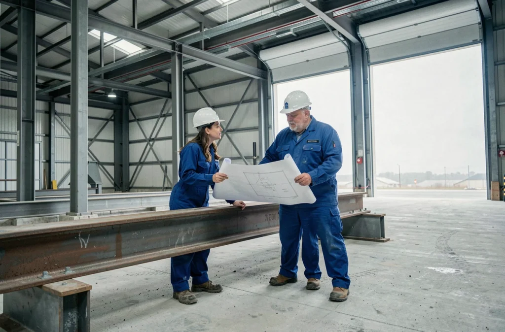 Deux ouvriers examinant des plans techniques sur une poutre métallique dans un entrepôt industriel en construction