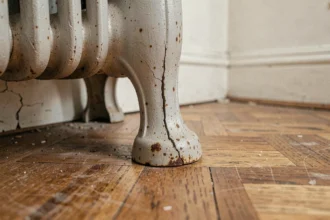 Pied en fonte fissuré d'un radiateur ancien posé sur un parquet en bois, révélant une installation défectueuse