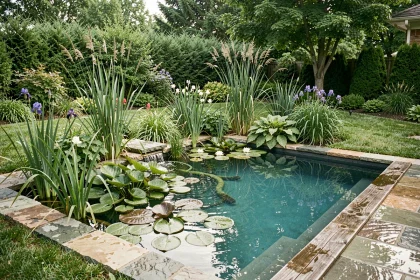 Piscine écologique naturelle avec zone de filtration biologique végétalisée et eau cristalline dans un jardin résidentiel