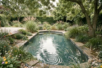 Piscine naturelle intégrée dans un jardin avec des plantes sauvages et des pierres de rivière pour préserver la biodiversité