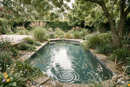 Piscine naturelle intégrée dans un jardin avec des plantes sauvages et des pierres de rivière pour préserver la biodiversité