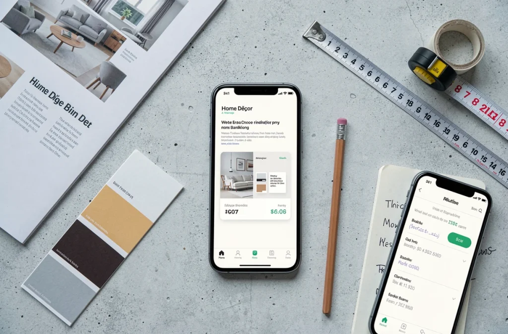 Vue de dessus d'un espace de planification déco avec catalogues d'ameublement, nuancier de peinture et application budget sur smartphone