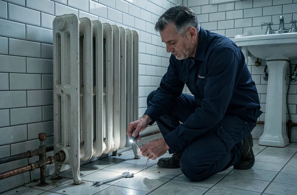 Plombier inspectant le pied en fonte d'un radiateur à colonne dans une salle de bain ancienne