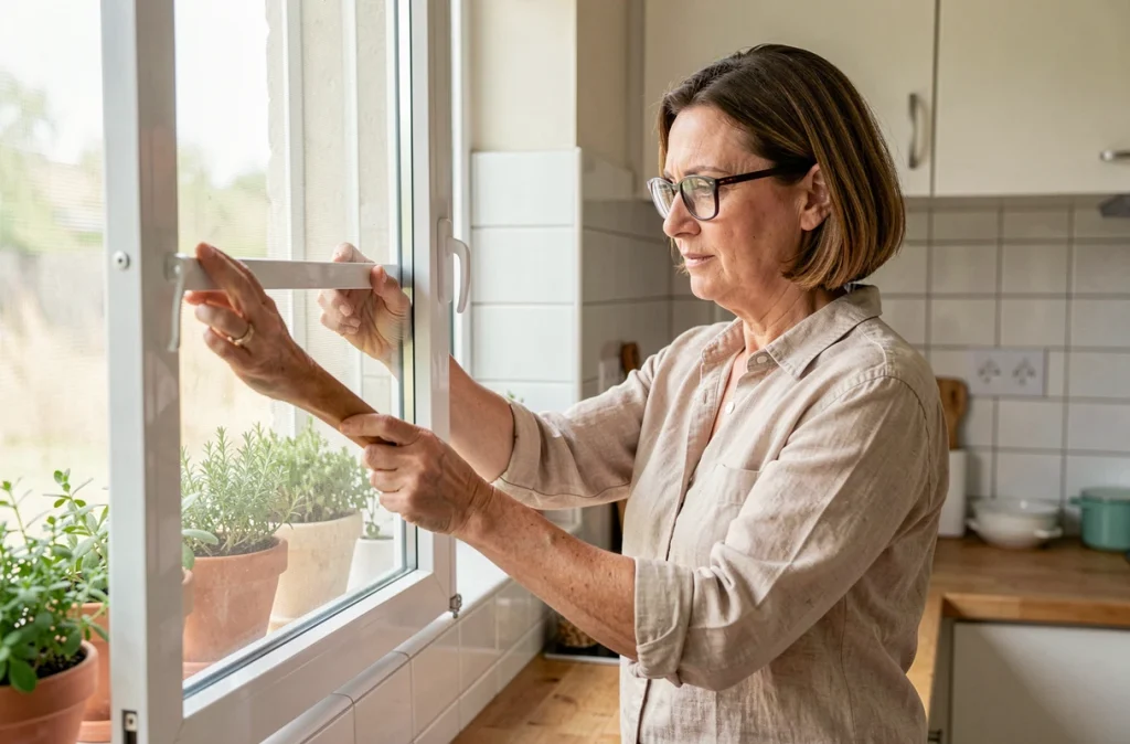 Femme installant une moustiquaire sur une fenêtre de cuisine pour empêcher les insectes noirs d'entrer