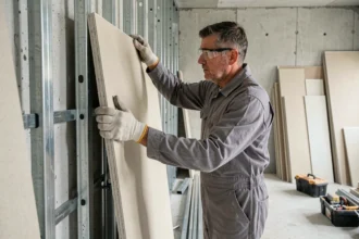 Ouvrier posant une plaque de plâtre sur une ossature métallique dans un chantier de rénovation intérieure