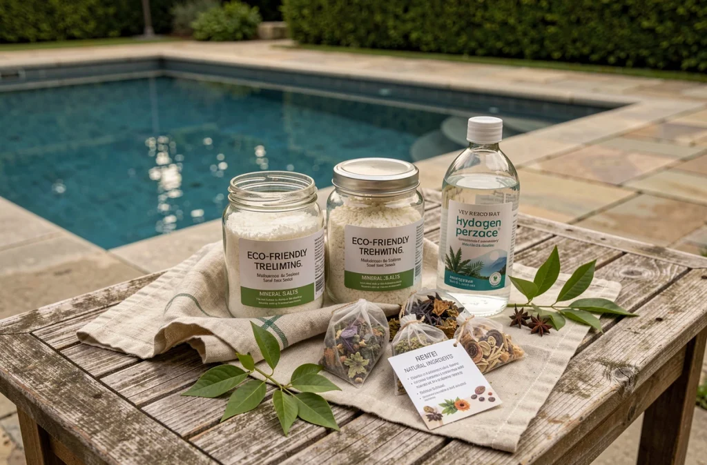 Produits écologiques et naturels pour l'entretien de l'eau de piscine disposés sur une table en bois
