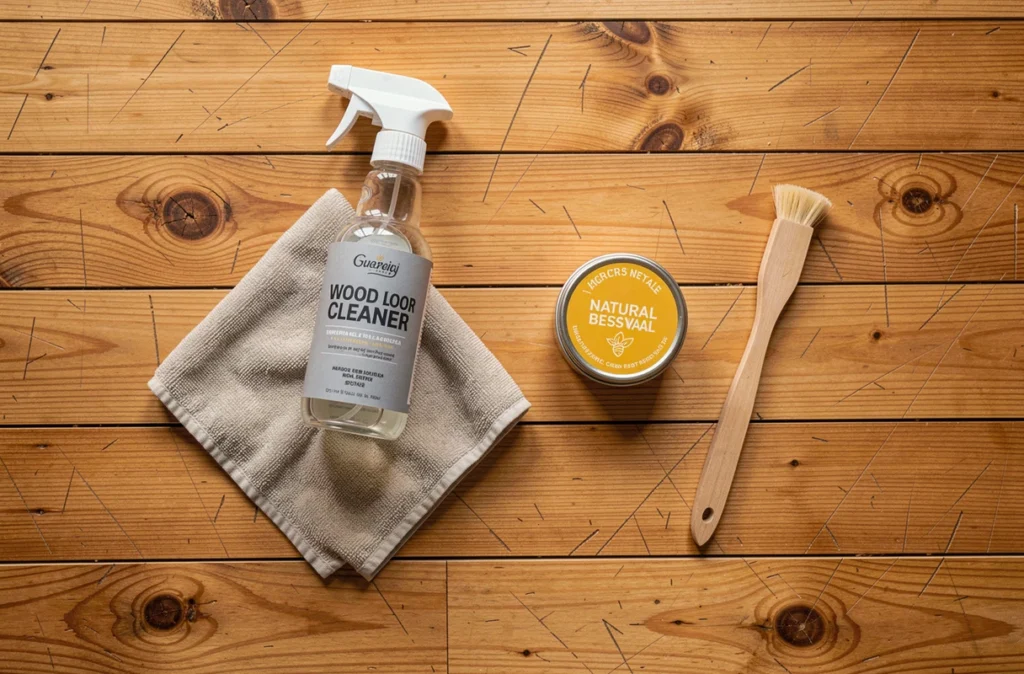 Produits d'entretien pour parquet en pin posés sur un plancher en bois massif vus du dessus, incluant cire naturelle et chiffon microfibre
