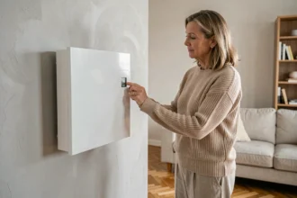 Radiateur à accumulation électrique mural blanc installé dans un salon moderne, réglage du thermostat par une femme en tenue décontractée