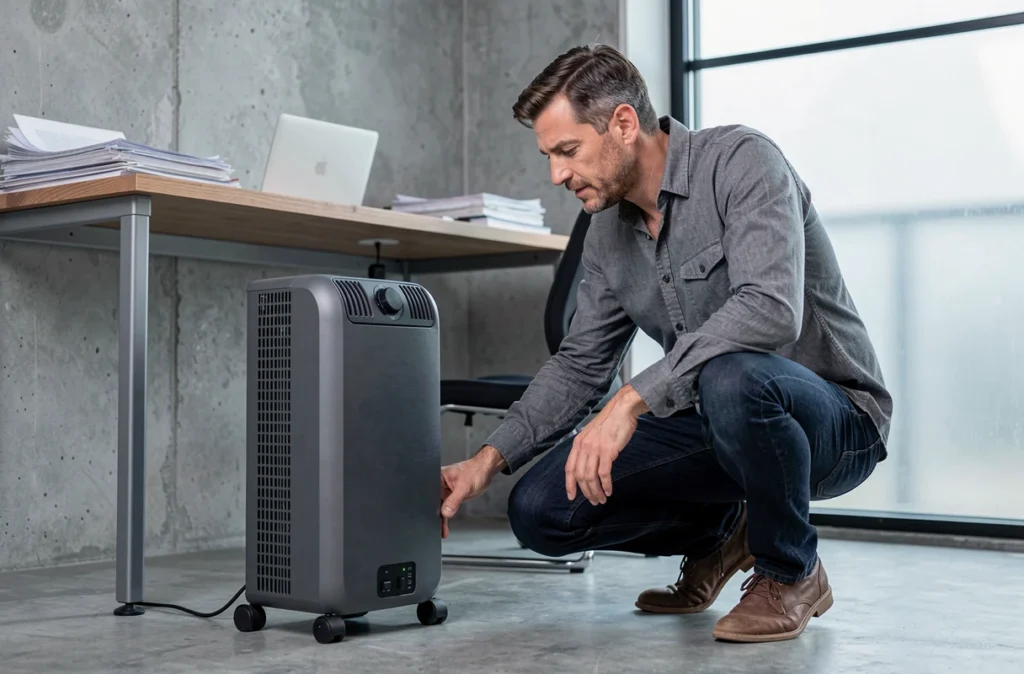 Radiateur à accumulation électrique sur pied anthracite dans un bureau à domicile, homme inspectant les commandes de la base