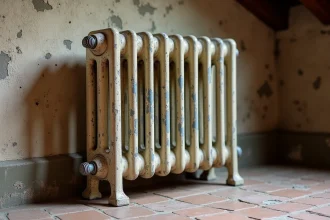 Radiateur en fonte ancien d'occasion avec patine dorée posé contre un mur en pierre dans une maison rustique française