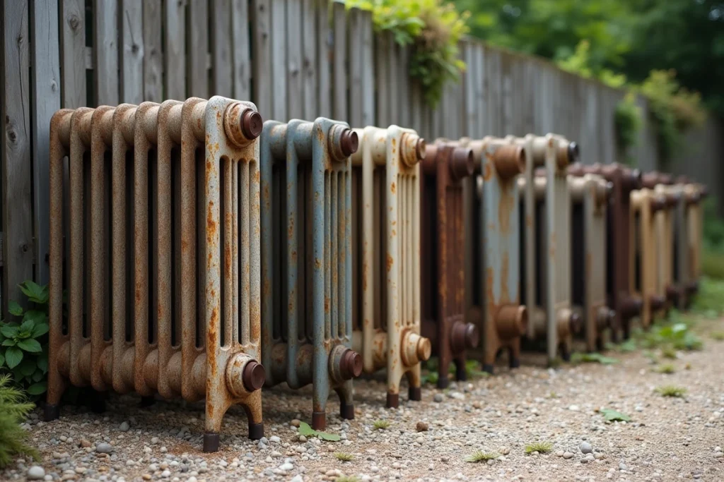 Rangée de radiateurs en fonte d'occasion de différentes tailles dans une cour de récupération ou brocante spécialisée