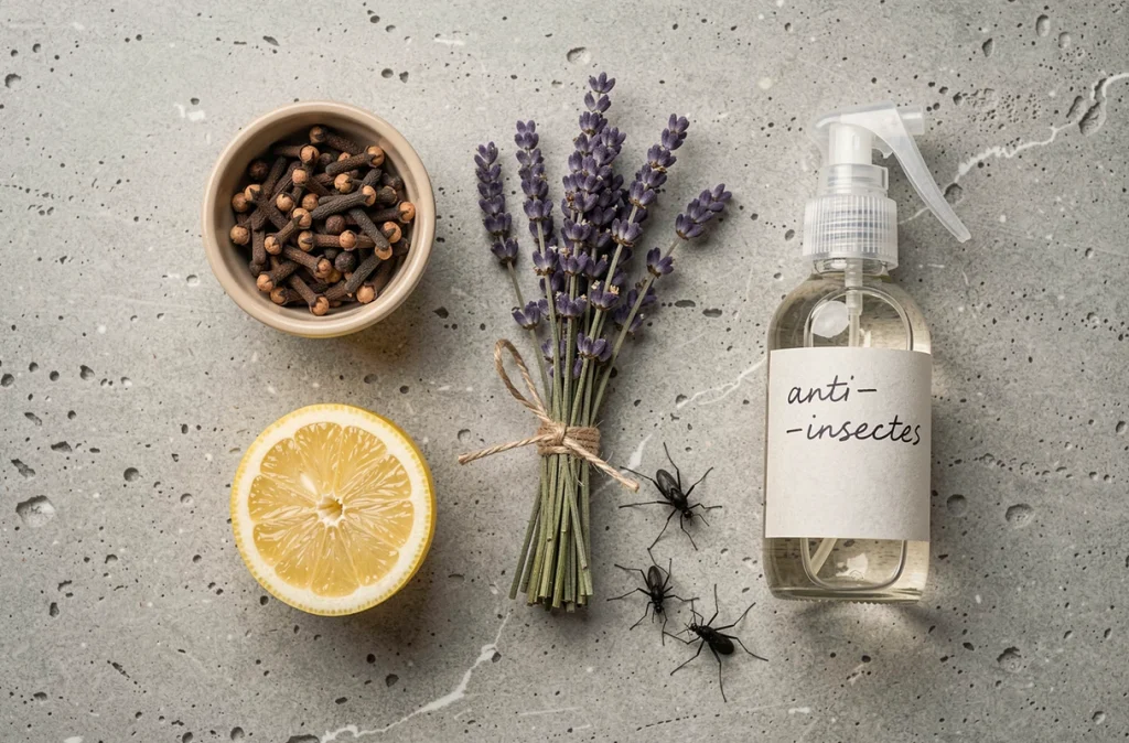 Répulsifs naturels contre les insectes noirs posés sur un comptoir : clous de girofle, lavande, citron et spray fait maison