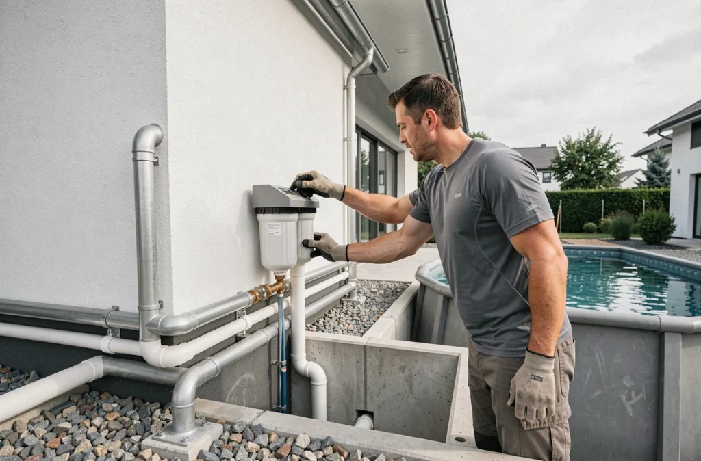 Homme inspectant un système de récupération d'eau de pluie connecté à une piscine hors-sol