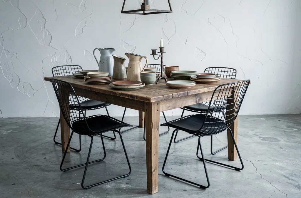 Table en bois brut avec vaisselle chinée et objets de brocante intégrés dans une salle à manger contemporaine épurée