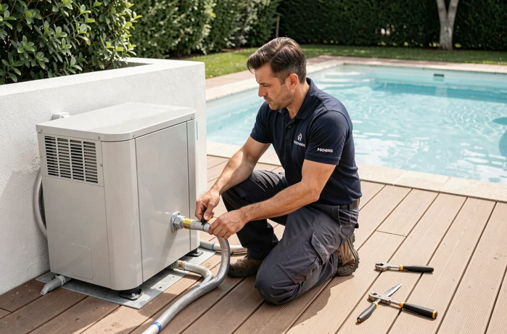 Technicien installant une pompe à chaleur de piscine sur une terrasse en bois avec piscine en arrière-plan