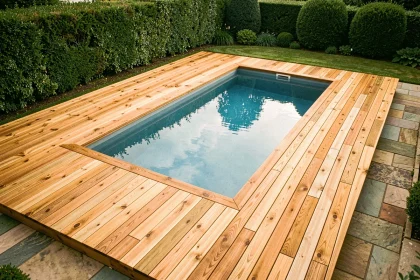 Terrasse de piscine en bois local de chêne avec planches à grain naturel autour d'un bassin rectangulaire, vue aérienne jardin