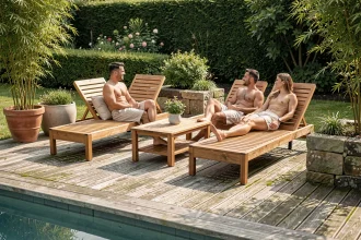 Terrasse piscine aménagée avec des transats en teck et des matériaux durables dans un jardin naturel