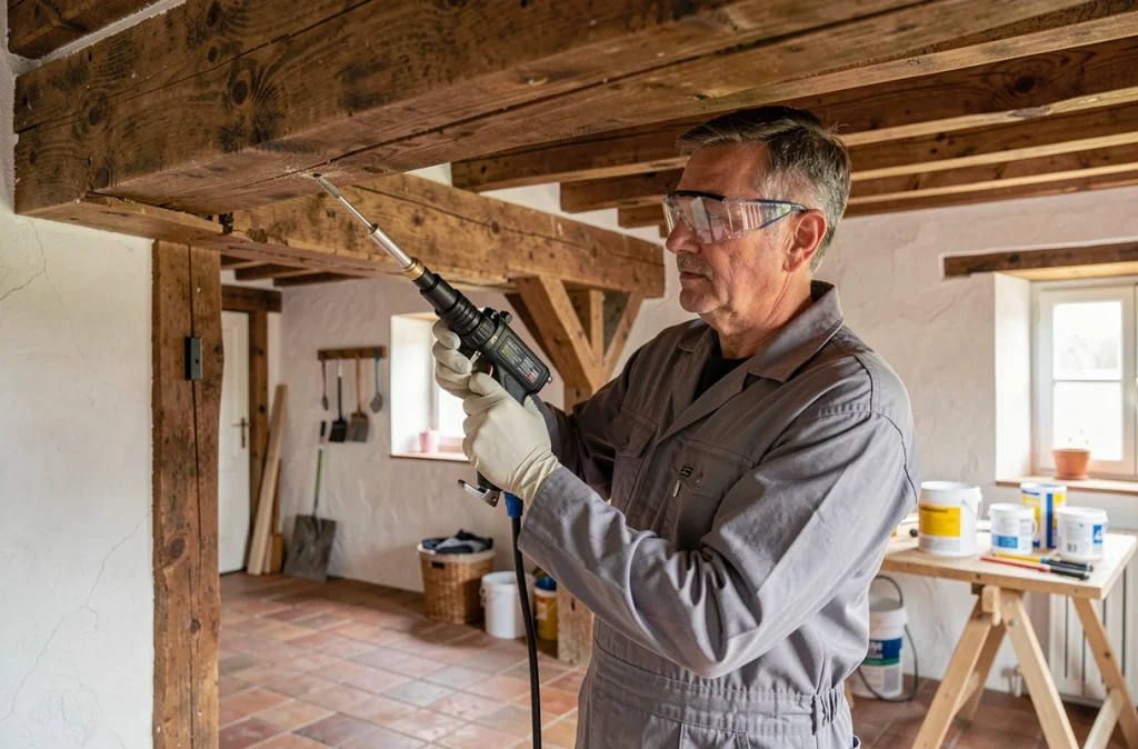 Technicien en traitement du bois injectant un produit anti-capricorne dans une poutre de charpente ancienne