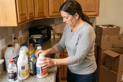 Femme triant des produits chimiques ménagers dangereux avant un déménagement dans une cuisine avec des cartons