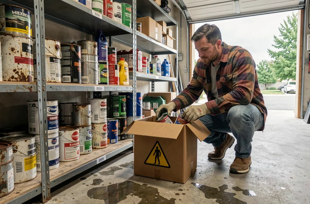 Homme triant des produits dangereux dans un garage encombré avant un déménagement avec des gants de protection