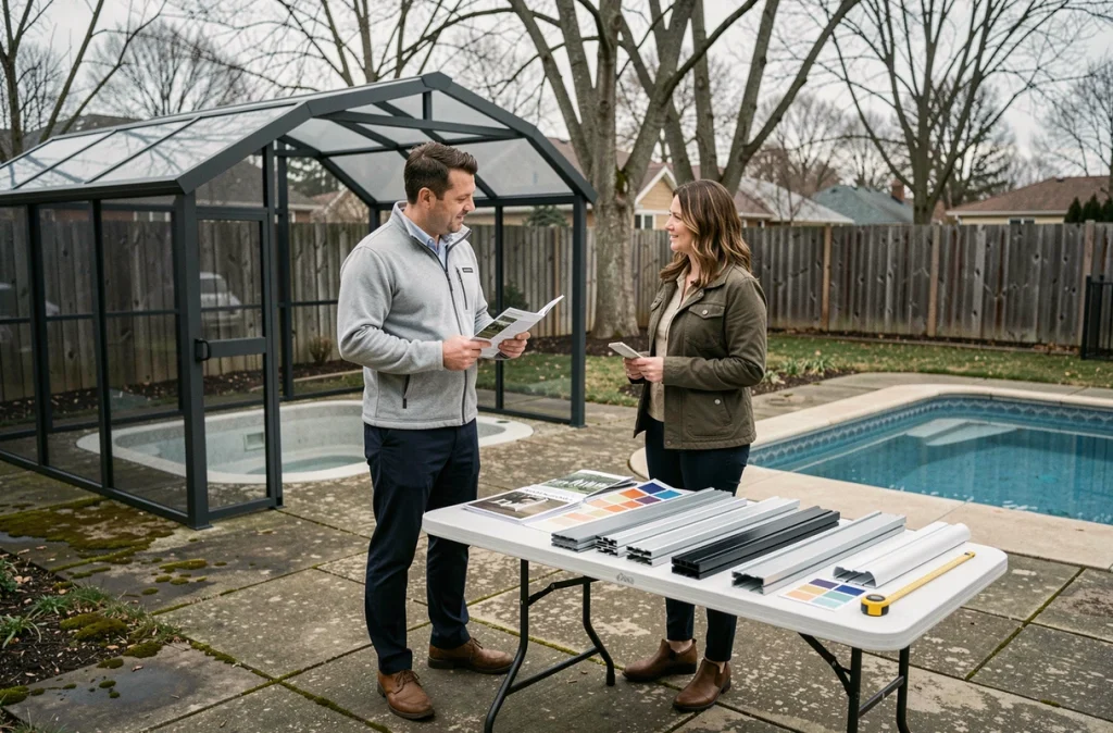Professionnel présentant des modèles d'abris de piscine et des échantillons de matériaux à des propriétaires dans un jardin