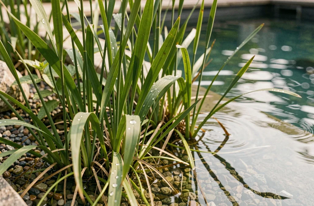Zone de filtration biologique d'une piscine naturelle avec plantes aquatiques sur substrat de gravier