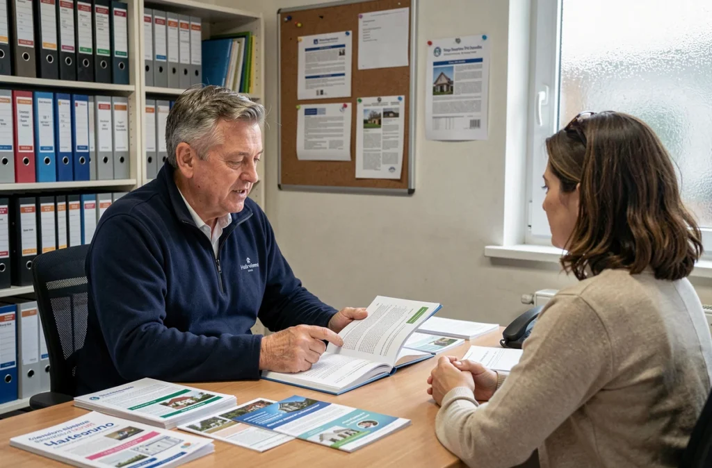 Conseiller en aides à la rénovation expliquant les subventions disponibles à une habitante de Haute-Vienne dans un bureau associatif