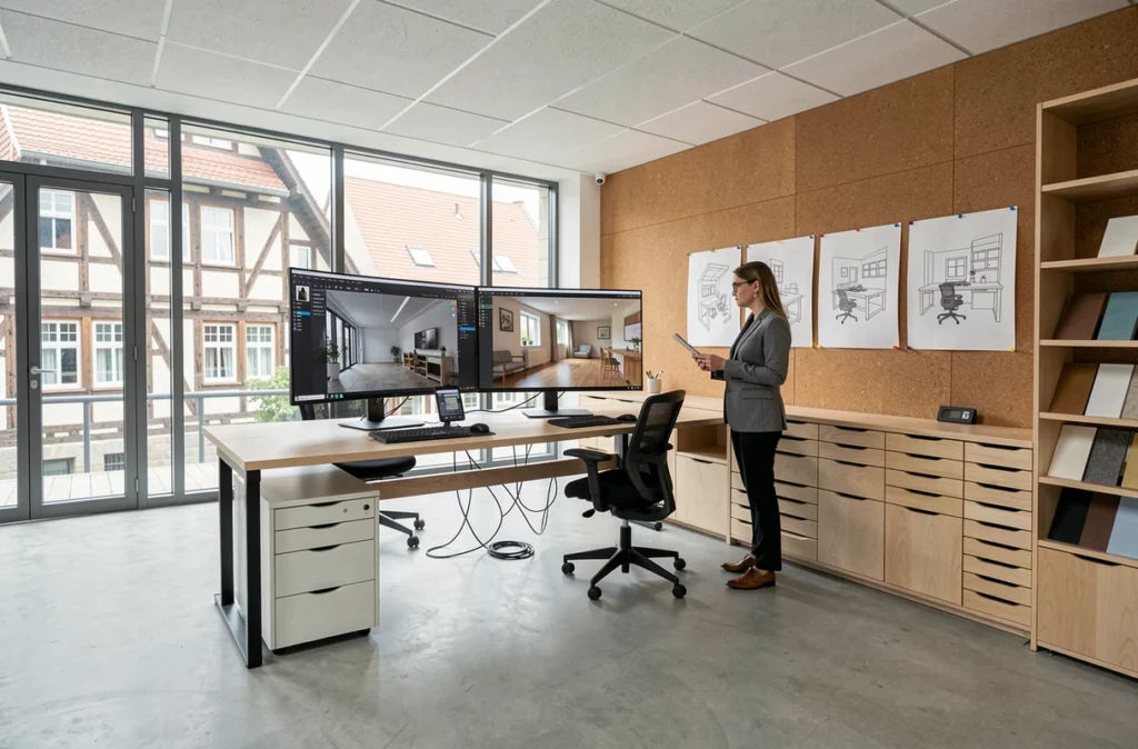 Agence FD à Strasbourg avec espace de travail design contemporain, rendu 3D sur écran et architecte décoratrice étudiant des plans d'intérieur