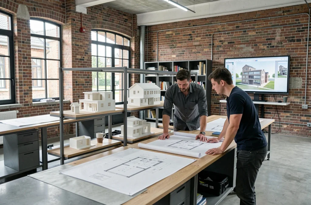 Bureau d'architecture et de décoration Arqitecture à Dieulouard avec maquettes 3D, plans techniques et espace de travail industriel