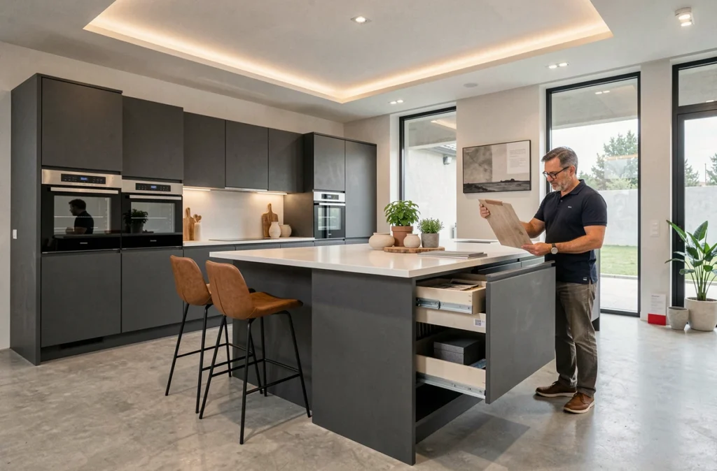 Showroom Art'Cuisines à Mulhouse avec cuisine ouverte design en laqué anthracite, îlot en quartz et designer présentant des échantillons de matériaux