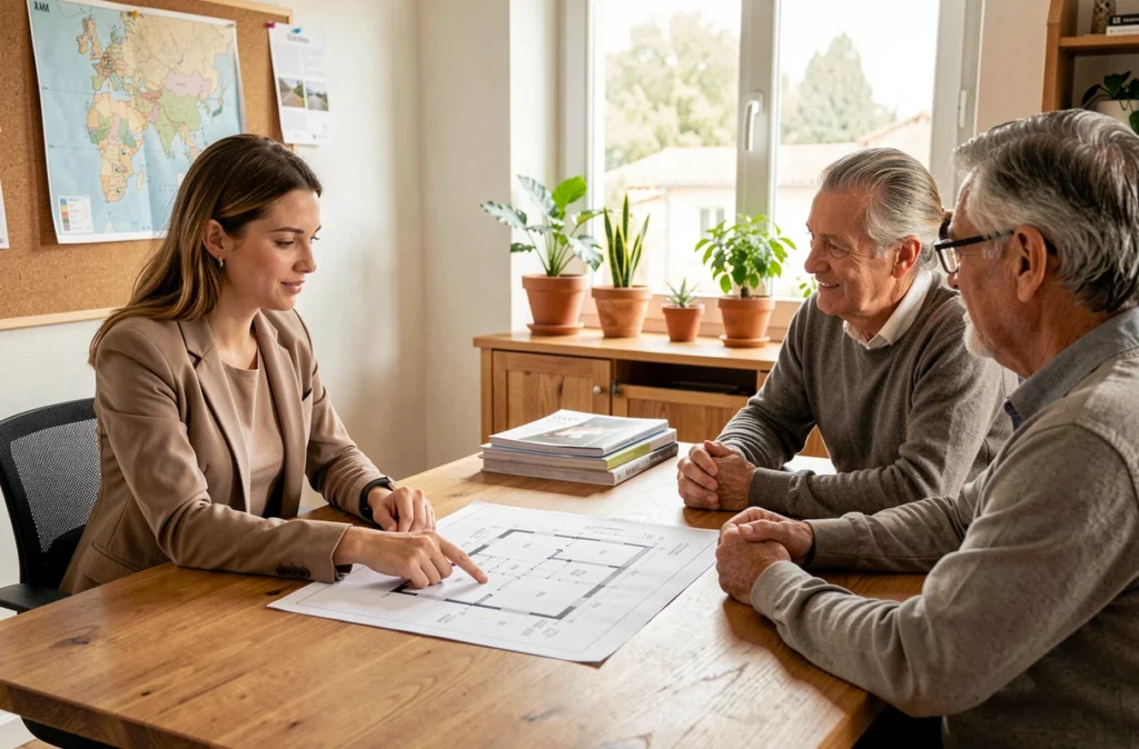 Conseillère en rénovation accompagnant un couple de particuliers autour d'un plan de travaux dans un bureau en Nouvelle-Aquitaine