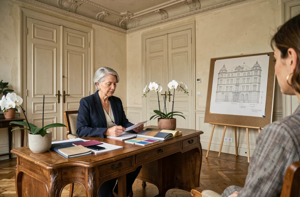Nicole Lhotte, décoratrice d'intérieur à Nancy, en consultation dans un appartement lorrain classique avec échantillons de tissus et plans de décoration