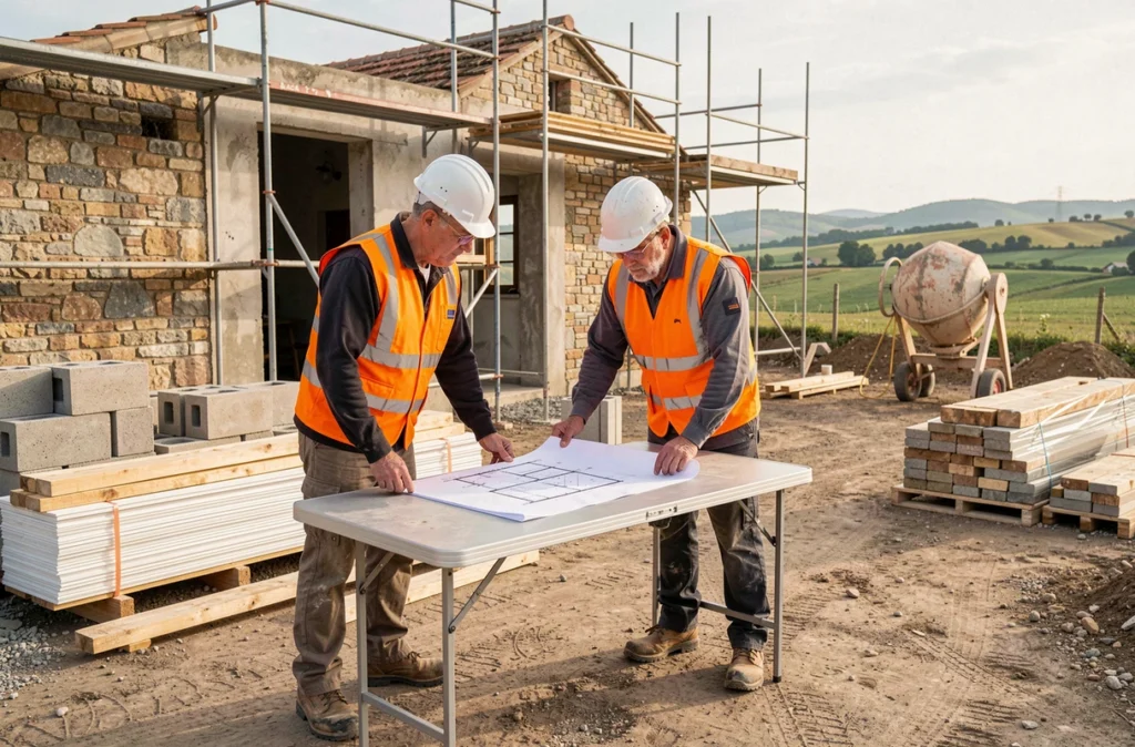 Deux ouvriers en bâtiment étudiant des plans sur un chantier de construction et rénovation près de Couzeix