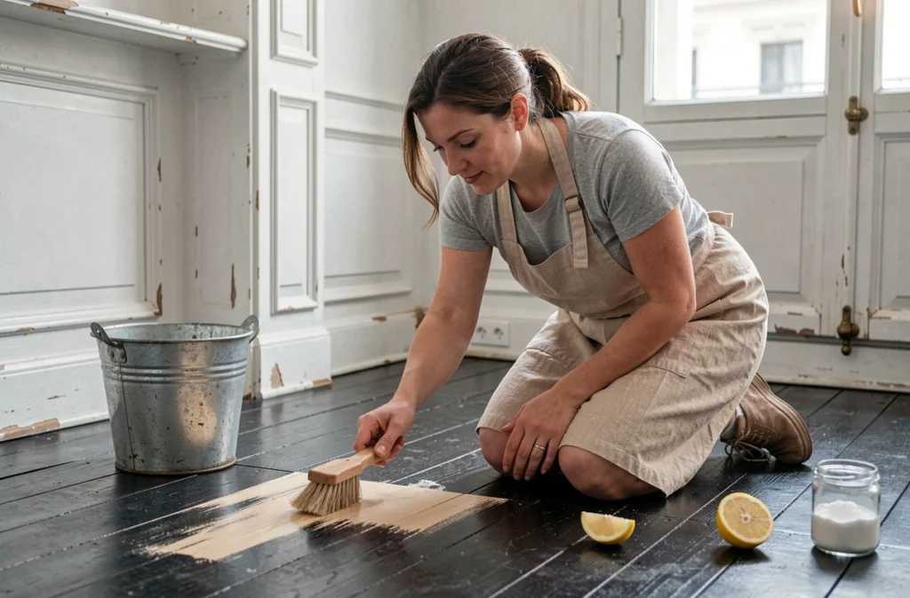 Femme récurant un parquet noirci avec des remèdes naturels dans un appartement haussmannien