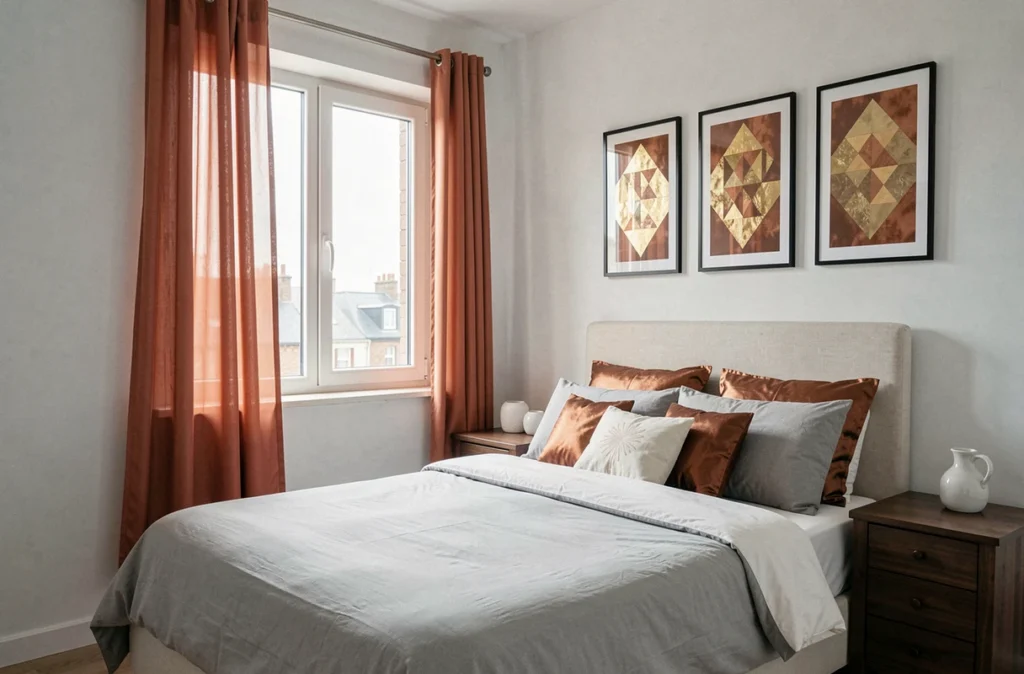 Chambre feng shui secteur ouest avec coussins bronze, rideaux rouille et galerie de cadres dorés abordable