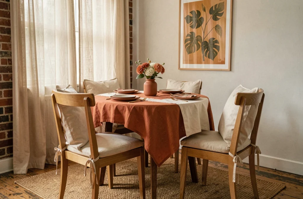 Coin repas feng shui ouest avec coussins lin terracotta, rideaux beige sable et cadre botanique doré