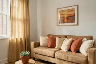 Coin salon feng shui ouest avec coussins terracotta, rideaux dorés et cadre coucher de soleil à petit budget