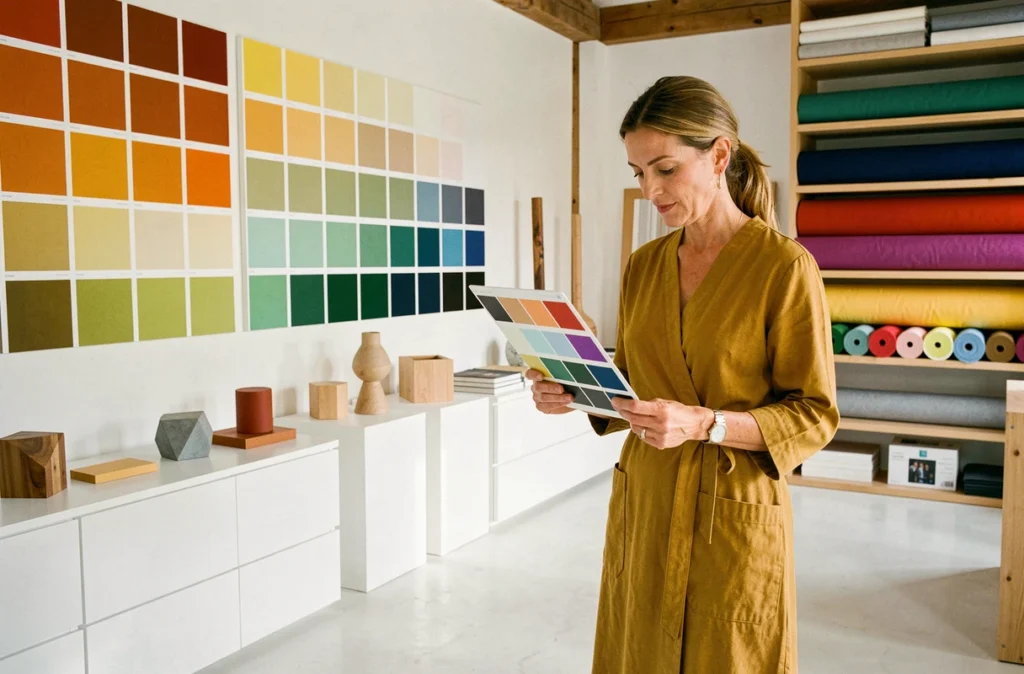 Studio Formes et Couleurs à Nancy avec mur de nuanciers colorés, objets géométriques décoratifs et designer étudiant des échantillons de couleur