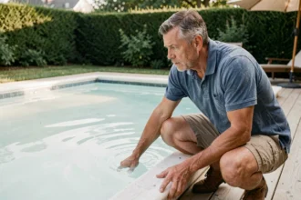 Homme examinant l'eau laiteuse d'une piscine après un excès de clarifiant