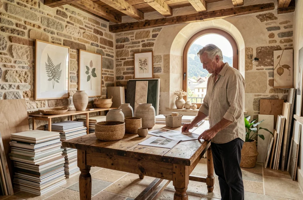 Jean-Paul Jobert, décorateur d'intérieur à Saint-Dié-des-Vosges, arrangeant des objets artisanaux dans un atelier en pierres des Vosges avec poutres en chêne