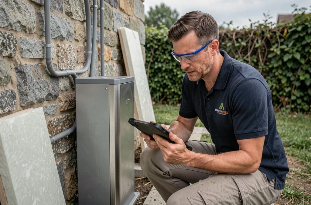 Conseiller en rénovation énergétique inspectant une pompe à chaleur installée sur une maison rurale en Haute-Vienne
