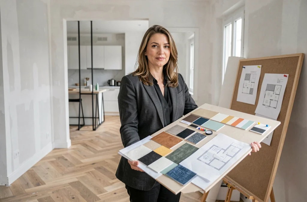 Architecte d'intérieur présentant un tableau de matières pour une rénovation complète d'appartement à Limoges
