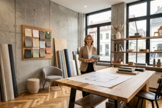 Vue d'ensemble d'un studio de décoration d'intérieur professionnel dans le Grand Est, avec planche tendance, échantillons de matériaux et mobilier design