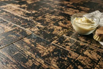 Gros plan sur un parquet en chêne noirci et terni avec des produits naturels pour l'éclaircir